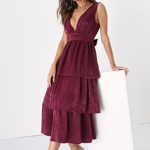 Peak party vibe plum purple satin tiered tie back midi dress